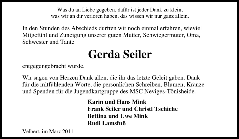  Traueranzeige für Gerda Seiler vom 26.03.2011 aus Tageszeitung