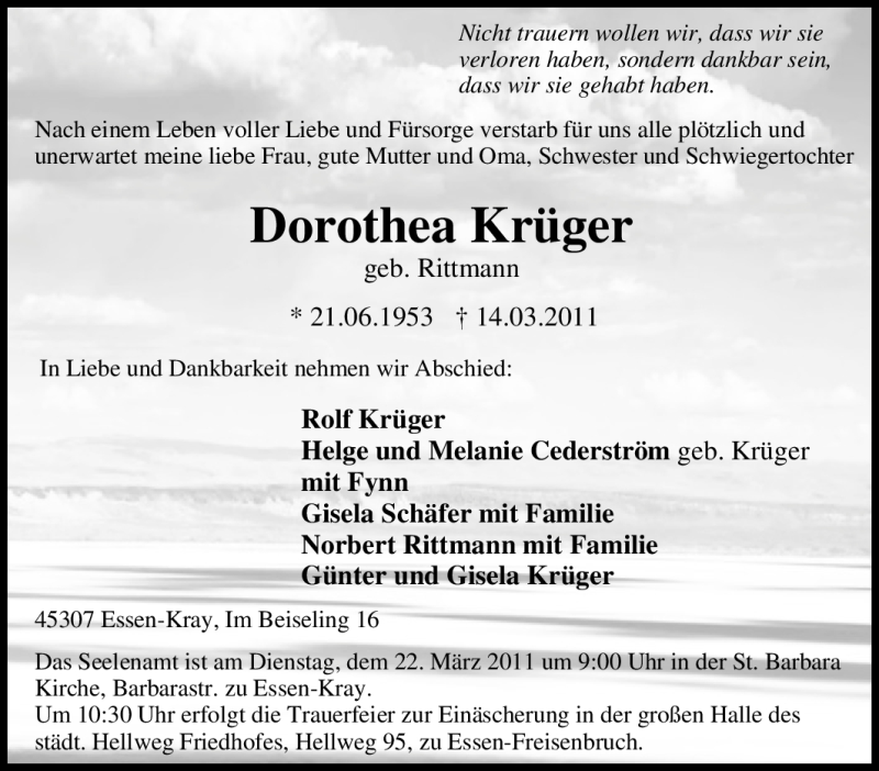  Traueranzeige für Dorothea Krüger vom 19.03.2011 aus Tageszeitung