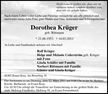 Traueranzeige von Dorothea Krüger von Tageszeitung