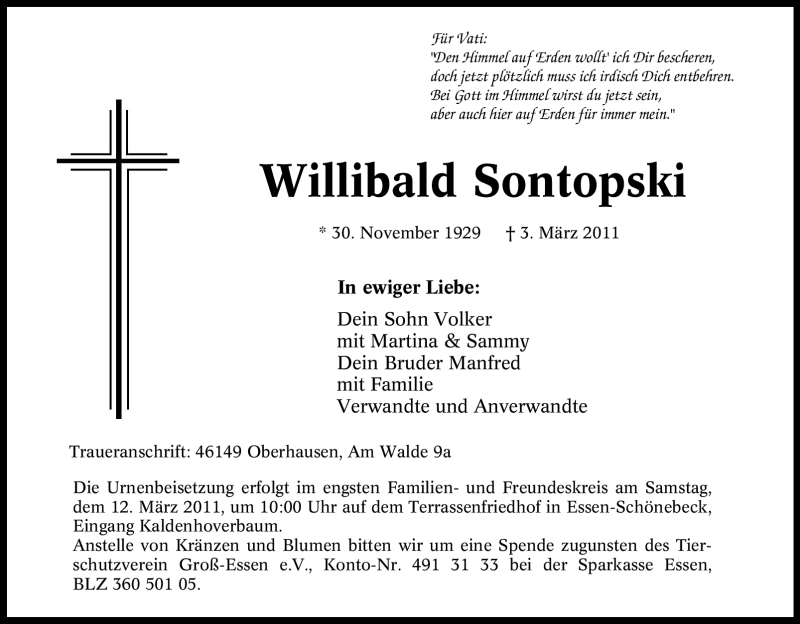  Traueranzeige für Willibald Sontopski vom 09.03.2011 aus Tageszeitung
