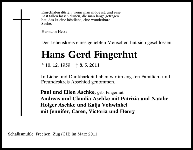  Traueranzeige für Hans Gerd Fingerhut vom 19.03.2011 aus Tageszeitung