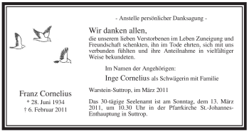 Traueranzeige von Franz Cornelius von Tageszeitung
