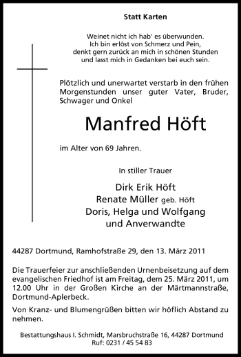 Traueranzeige von Manfred Höft von Tageszeitung