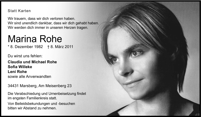  Traueranzeige für Marina Rohe vom 09.03.2011 aus Tageszeitung