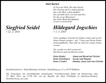 Traueranzeige von Hildegard Jogschies von Tageszeitung