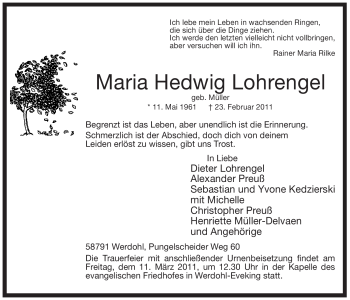 Traueranzeige von Maria Hedwig Lohrengel von Tageszeitung