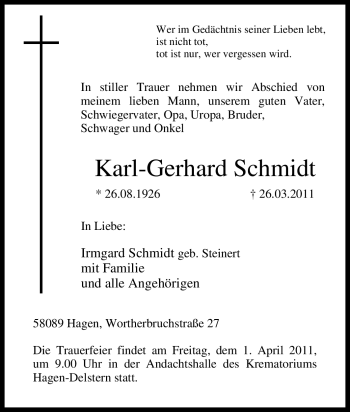 Traueranzeige von Karl-Gerhard Schmidt von Tageszeitung