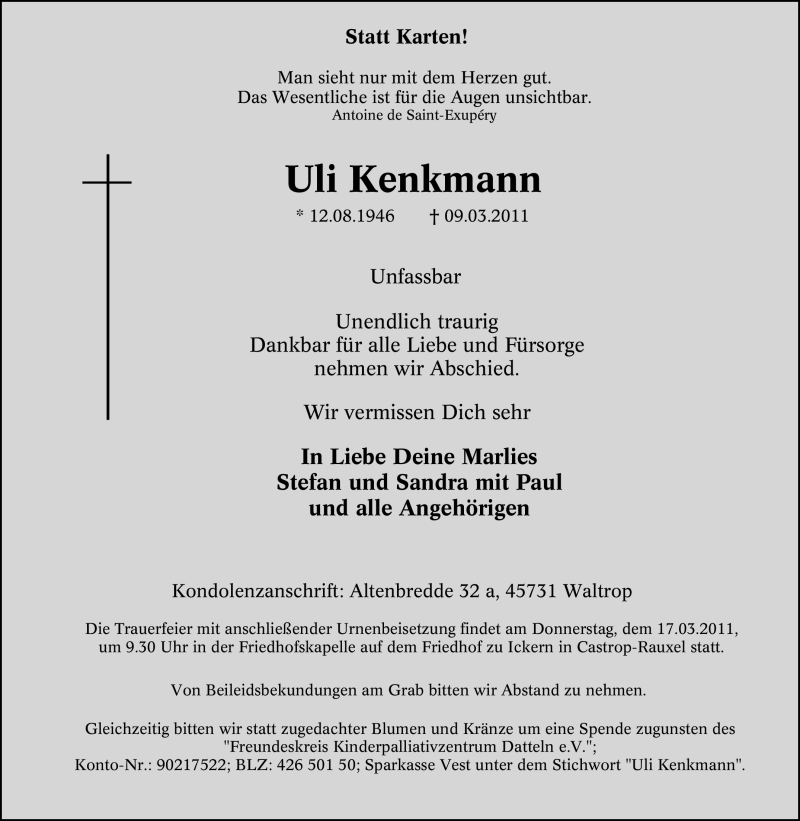  Traueranzeige für Uli Kenkmann vom 14.03.2011 aus Tageszeitung