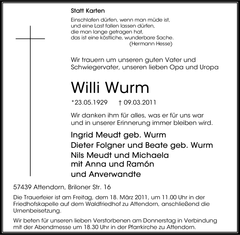  Traueranzeige für Willi Wurm vom 12.03.2011 aus Tageszeitung