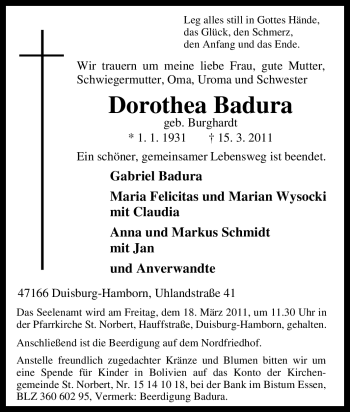 Traueranzeige von Dorothea Badura von Tageszeitung