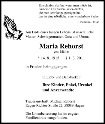 Traueranzeige von Maria Rehorst von Tageszeitung
