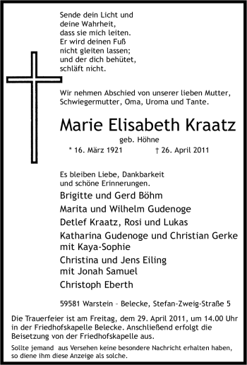Traueranzeige von Marie Elisabeth Kraatz von Tageszeitung
