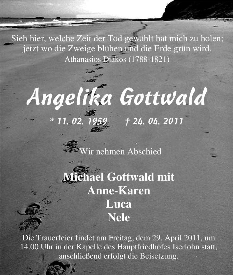 Traueranzeige für Angelika Gottwald vom 27.04.2011 aus Tageszeitung