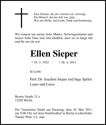 Traueranzeige von Ellen Sieper von Tageszeitung