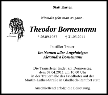 Traueranzeige von Theodor Bornemann von Tageszeitung
