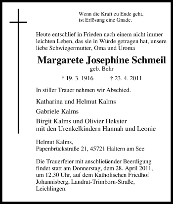 Traueranzeige von Margarete Josephine Schmeil von Tageszeitung