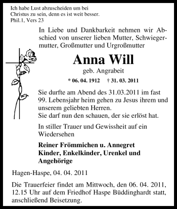 Traueranzeige von Anna Will von Tageszeitung