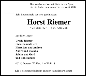 Traueranzeige von Horst Riemer von Tageszeitung