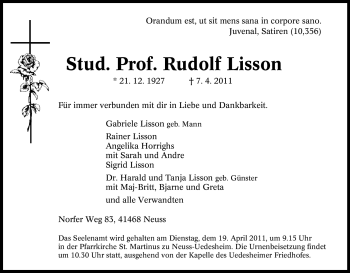 Traueranzeige von Rudolf Lisson von Tageszeitung
