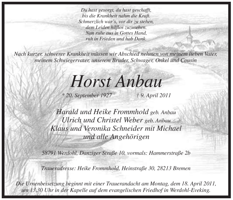  Traueranzeige für Horst Anbau vom 13.04.2011 aus Tageszeitung