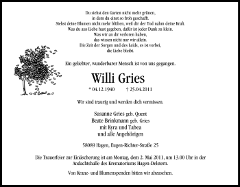Traueranzeige von Willi Gries von Tageszeitung