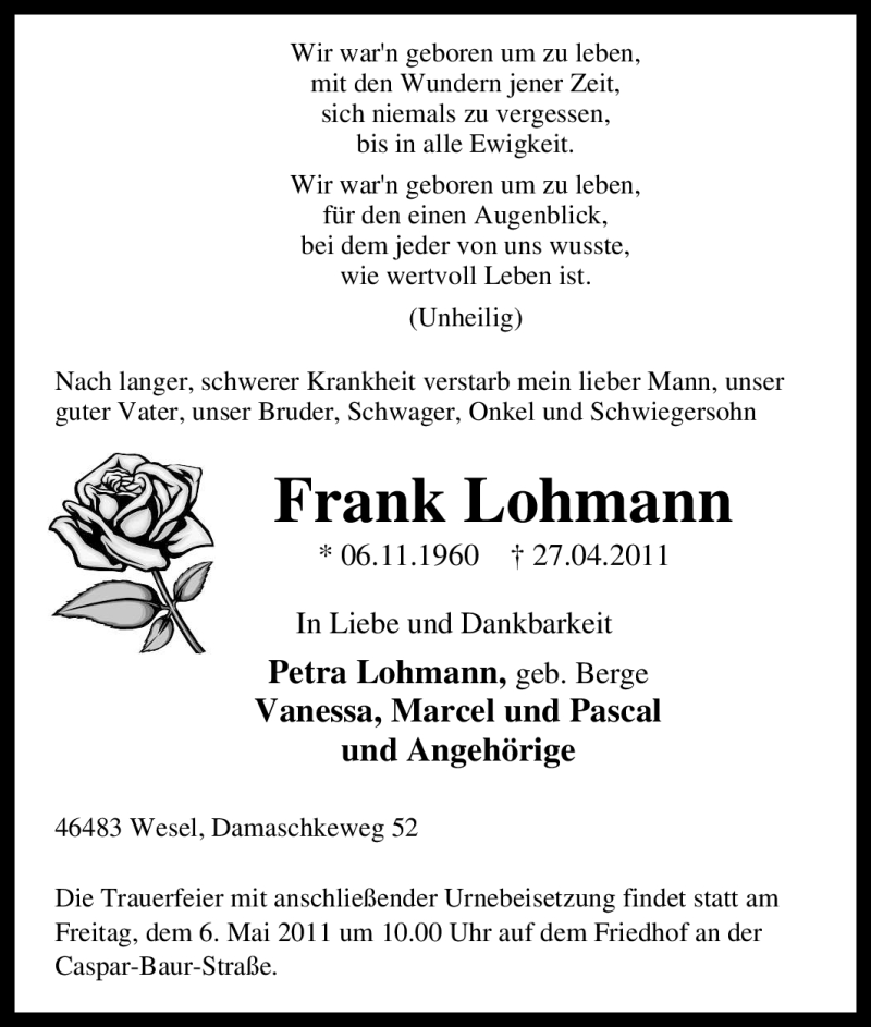  Traueranzeige für Frank Lohmann vom 30.04.2011 aus Tageszeitung