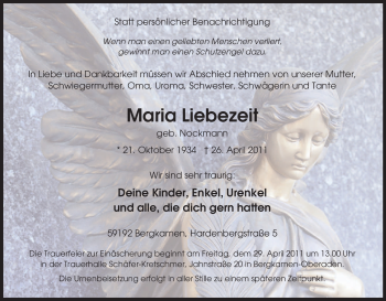 Traueranzeige von Maria Liebezeit von Tageszeitung