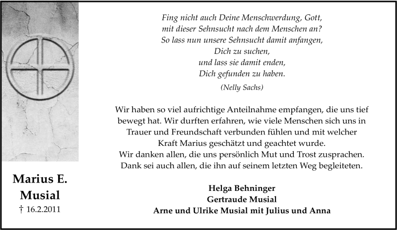  Traueranzeige für Marius E Musial vom 02.04.2011 aus Tageszeitung