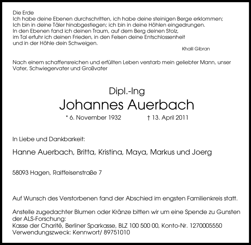  Traueranzeige für Johannes Auerbach vom 20.04.2011 aus Tageszeitung