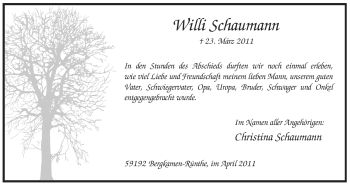 Traueranzeige von Willi Schaumann von Tageszeitung