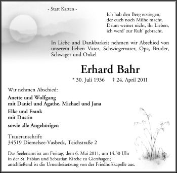 Traueranzeige von Erhard Bahr von Tageszeitung