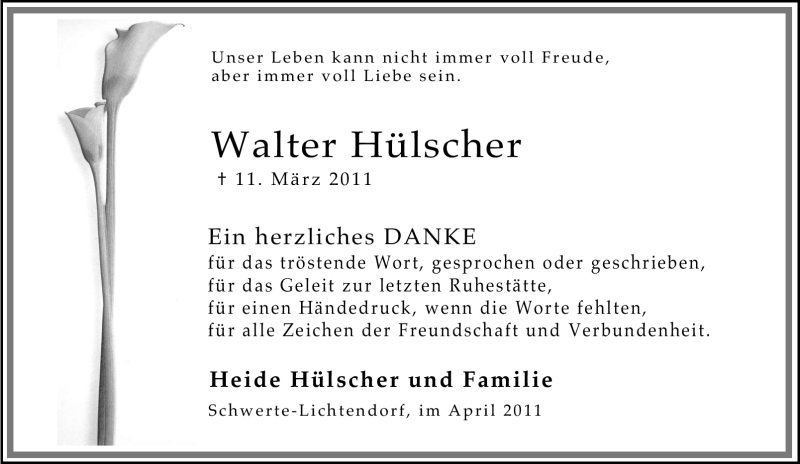  Traueranzeige für Walter Hülscher vom 13.04.2011 aus Tageszeitung