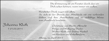 Traueranzeige von Johanna Kluth von Tageszeitung