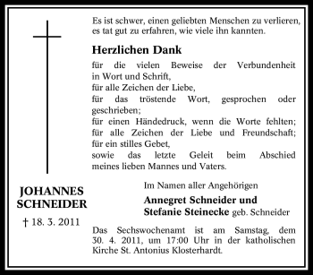 Traueranzeige von Johannes Schneider von Tageszeitung