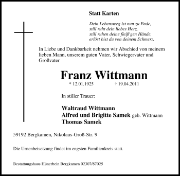 Traueranzeige von Franz Wittmann von Tageszeitung