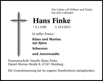 Traueranzeige von Hans Finke von Tageszeitung