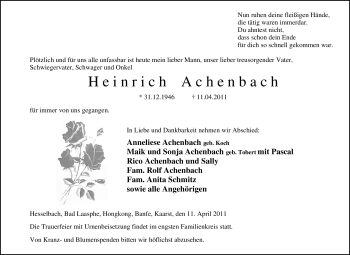 Traueranzeige von Heinrich Achenbach von Tageszeitung