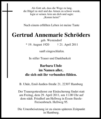 Traueranzeige von Gertrud Annemarie Schröders von Tageszeitung