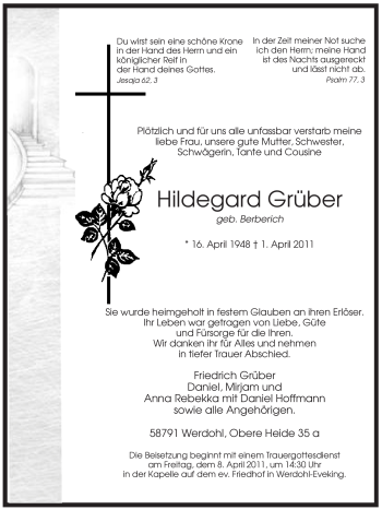 Traueranzeige von Hildegard Grüber von Tageszeitung