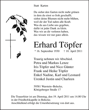 Traueranzeige von Erhard Töpfer von Tageszeitung