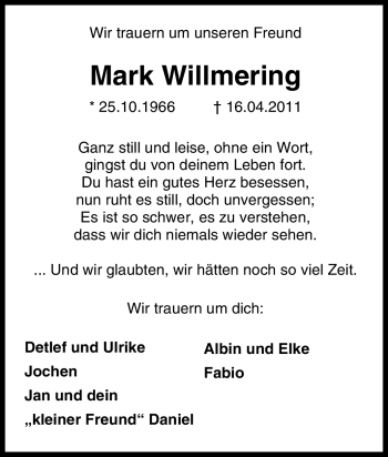 Traueranzeige von Mark Willmering von Tageszeitung