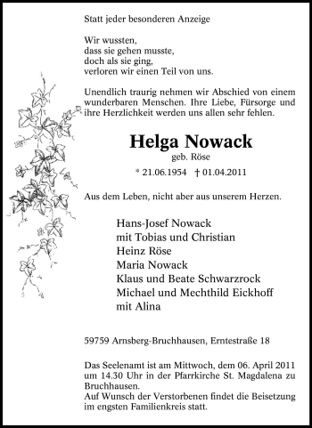 Traueranzeige von Helga Nowack von Tageszeitung