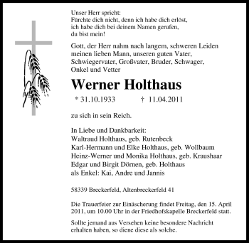 Traueranzeige von Werner Holthaus von Tageszeitung