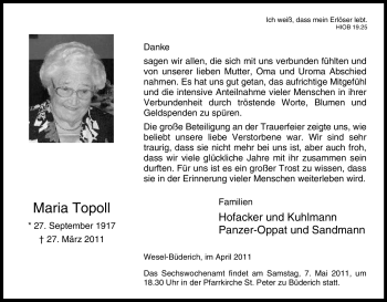 Traueranzeige von Maria Topoll von Tageszeitung
