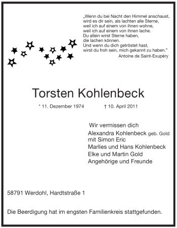Traueranzeige von Torsten Kohlenbeck von Tageszeitung