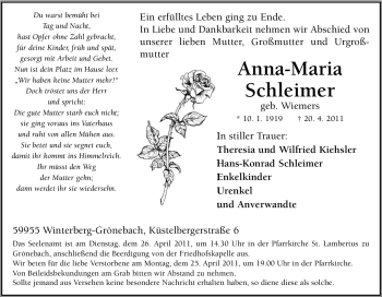 Traueranzeige von Anna-Maria Schleimer von Tageszeitung