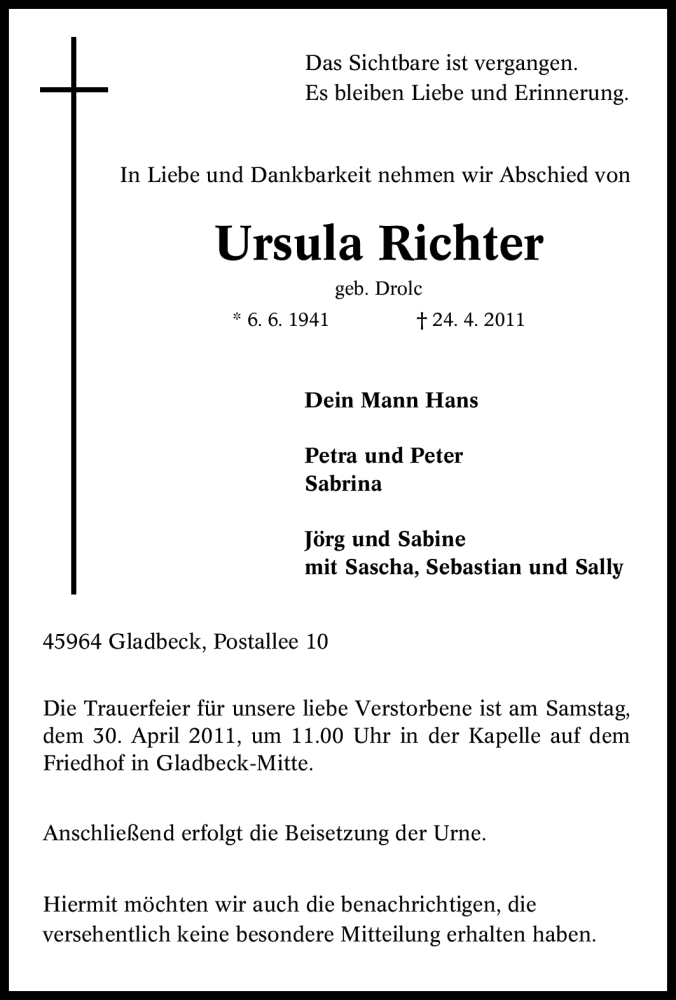  Traueranzeige für Ursula Richter vom 27.04.2011 aus Tageszeitung
