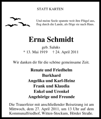 Traueranzeige von Erna Schmidt von Tageszeitung