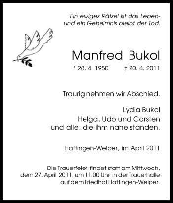 Traueranzeige von Manfred Bukol von Tageszeitung