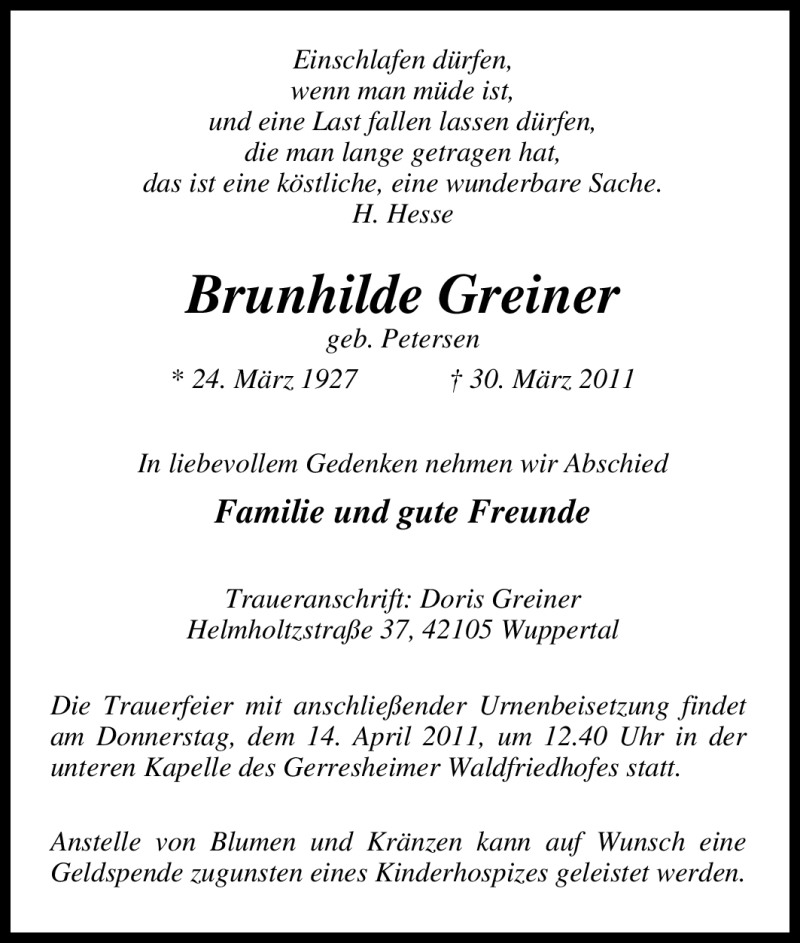  Traueranzeige für Brunhilde Greiner vom 09.04.2011 aus Tageszeitung
